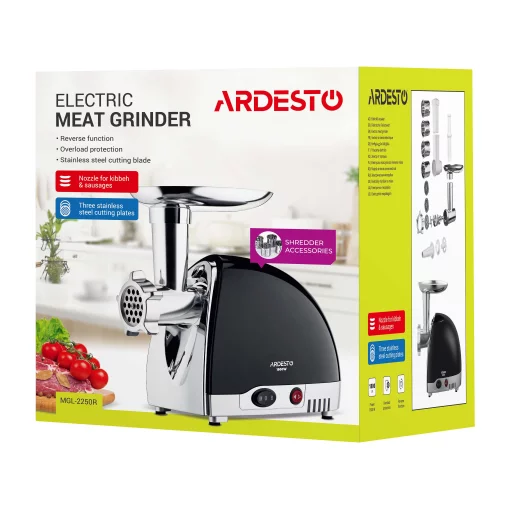 М'ясорубка Ardesto, 1800Вт, 2кг/хв, 3 решітки, насадка для ковбас, кеббе, 4 терки, пластик, чорно-сріб.