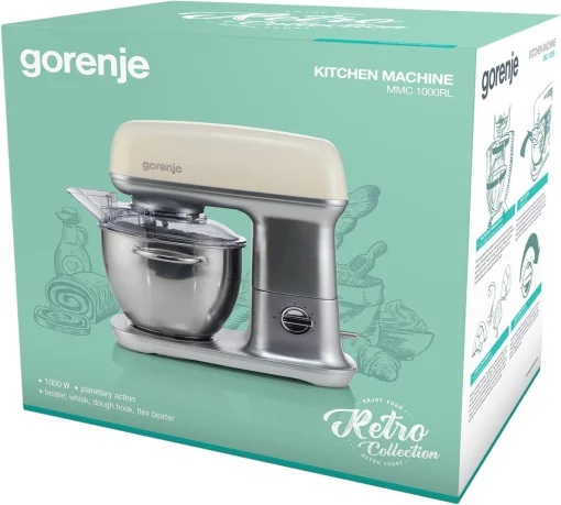Кухонна машина Gorenje 1000Вт, чаша-метал, корпус-метал, насадок-4, сріблясто-бежевий