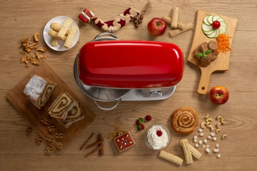 Кухонна машина Gorenje 1000Вт, чаша-метал, корпус-метал, насадок-7, сріблясто-червоний