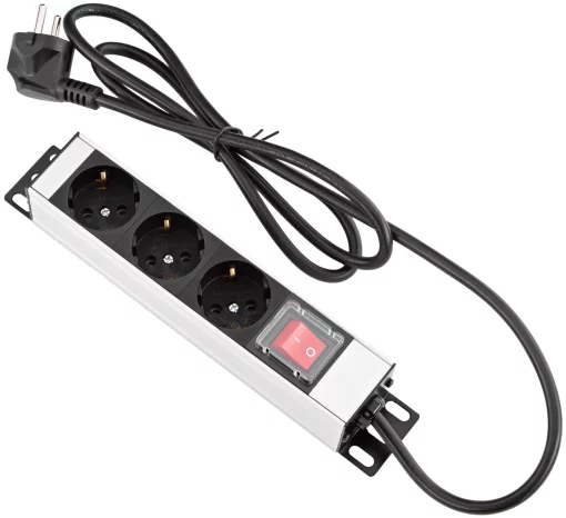 Пристрій розподілу електроживлення MIRSAN 10", 1U, блок 3хShuko, вимикач, вилка Shuko, алюмінієвий корпус, кабель 1.5 м