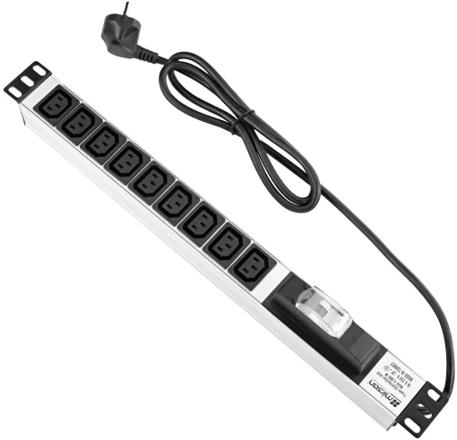 Пристрій розподілу електроживлення MIRSAN 1U, блок 9хC13, з вимикачем, вилка Schuko, алюмінієвий корпус, кабель 1.8 м