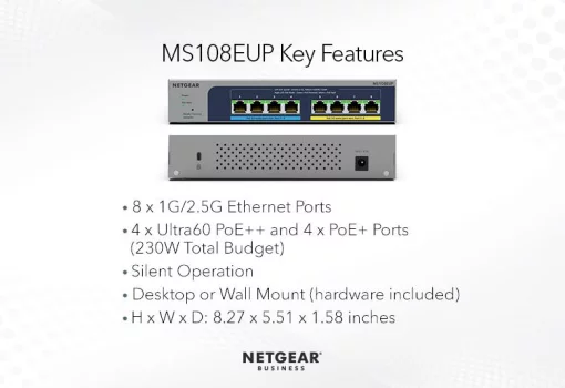 Комутатор NETGEAR MS108UP 8x2.5GE PoE, 230Вт, WebSmart