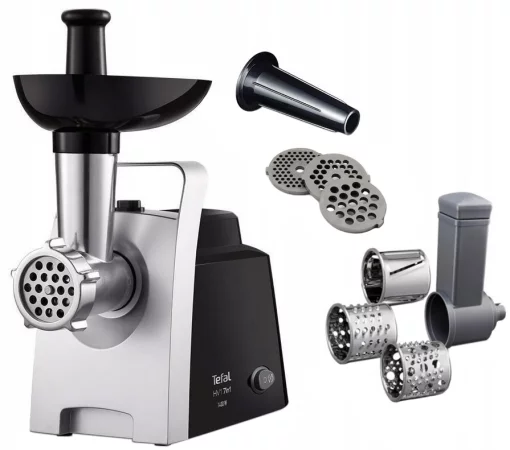 М'ясорубка Tefal HV1 7in1, 1400Вт, 1.7кг/хв, 3 решітки, насадка для ковбас, 3 терки, пластик, чорно-сріб.