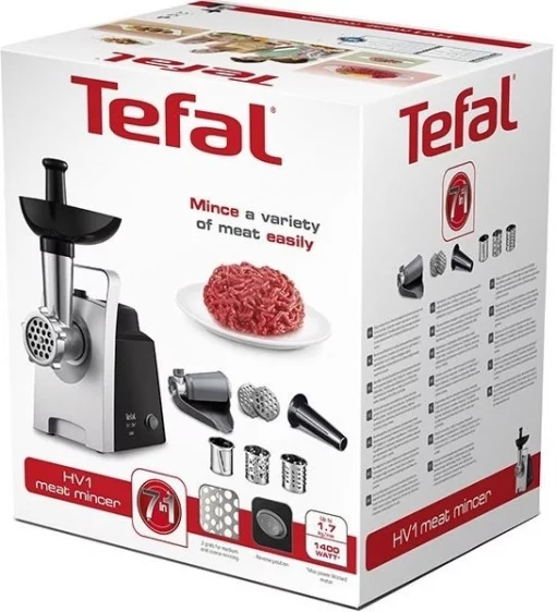 М'ясорубка Tefal HV1 7in1, 1400Вт, 1.7кг/хв, 2 решітки, насадка для ковбас, томатів, 3 терки, пластик, чорний