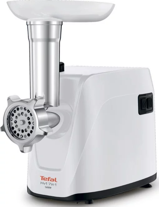М'ясорубка Tefal HV1 7in1, 1600Вт, 1.9кг/хв, 3 решітки, насадка для ковбас, томатів, 2 терки, пластик, білий