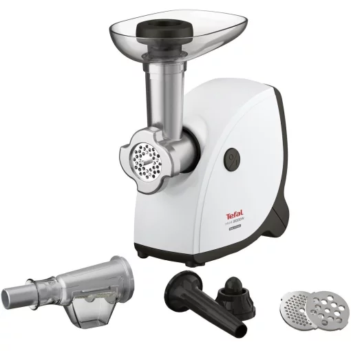 М'ясорубка Tefal HV4, 2000Вт, 2.3кг/хв, 3 решітки, насадка для ковбас, кеббе, томатів, пластик, біло-чорний