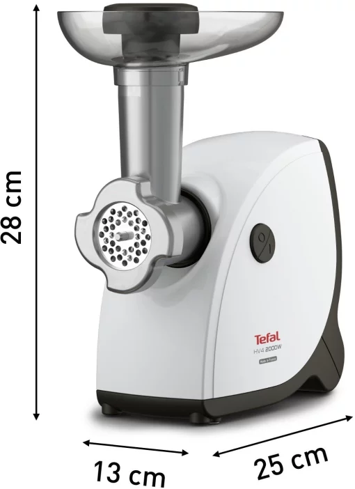 М'ясорубка Tefal HV4, 2000Вт, 2.3кг/хв, 3 решітки, насадка для ковбас, кеббе, томатів, пластик, біло-чорний