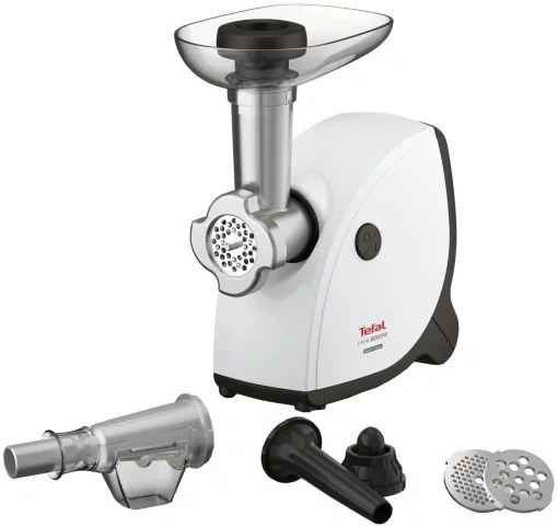 М'ясорубка Tefal HV4, 2000Вт, 2.3кг/хв, 3 решітки, насадка для ковбас, кеббе, томатів, пластик, біло-чорний