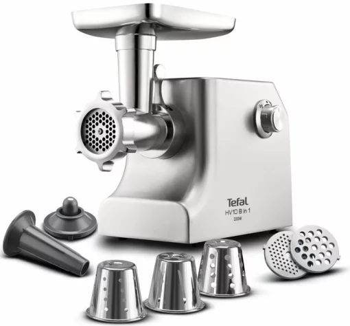 М'ясорубка Tefal HV10 8in1, 2200Вт, 5.5кг/хв, 3 решітки, насадка для ковбас, кеббе, 3 терки, метал