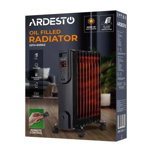 Обігрівач оливний ARDESTO, 20м2, 2000Вт, електр. упр-ння, 9 секцій, пульт ДК, чорний