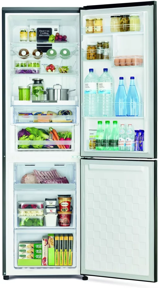 Холодильник Hitachi з нижн. мороз., 190x60х65, холод.відд.-215л, мороз.відд.-115л, 2дв., А++, NF, інв., зона нульова, чорний (скло)