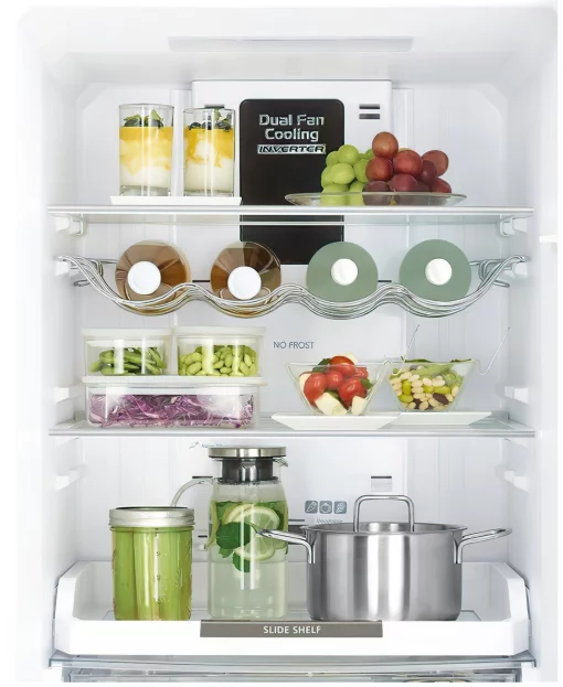 Холодильник Hitachi з нижн. мороз., 190x60х65, холод.відд.-215л, мороз.відд.-115л, 2дв., А++, NF, інв., зона нульова, чорний (скло)