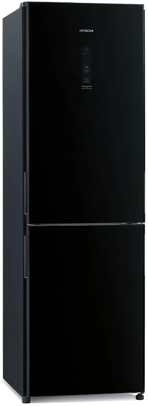 Холодильник Hitachi з нижн. мороз., 190x60х65, холод.відд.-215л, мороз.відд.-115л, 2дв., А++, NF, інв., зона нульова, чорний (скло)