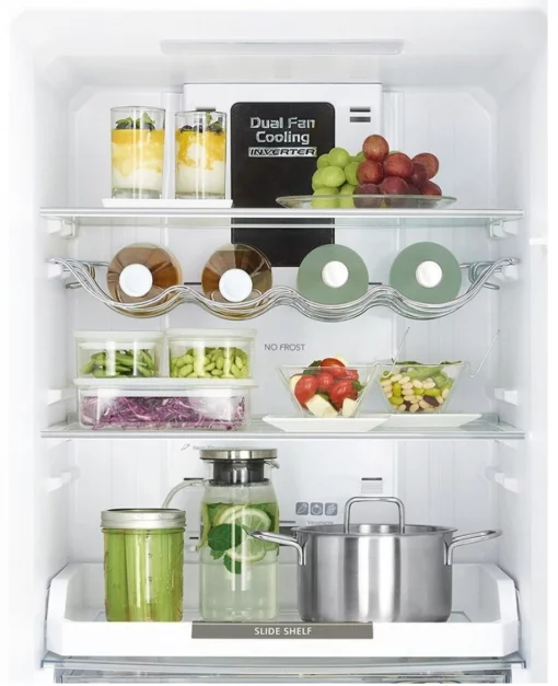 Холодильник Hitachi з нижн. мороз., 190x60х65, холод.відд.-215л, мороз.відд.-115л, 2дв., А++, NF, інв., зона нульова, сірий чорний (скло)