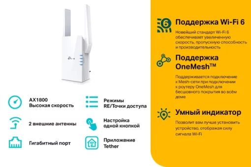 Розширювач покриття WiFi TP-LINK RE605X AX1800, 1хGE, MESH