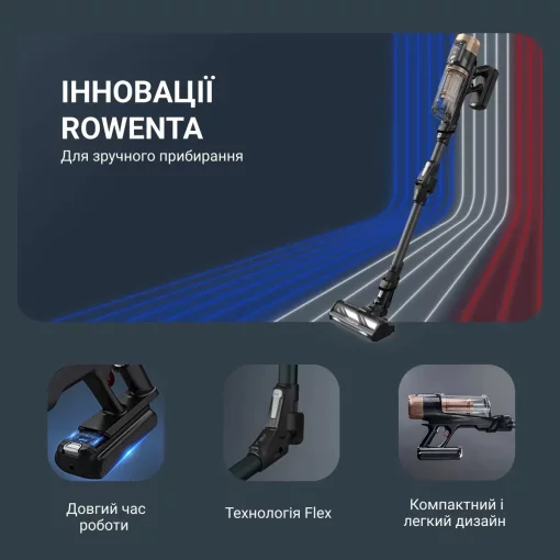 Пилосос Rowenta безпровідний X-Force Flex 14.80 Auto Animal, 240Вт, конт пил -0.65л, автон. робота до 90хв, HEF system 99,9%, чорно-золотий
