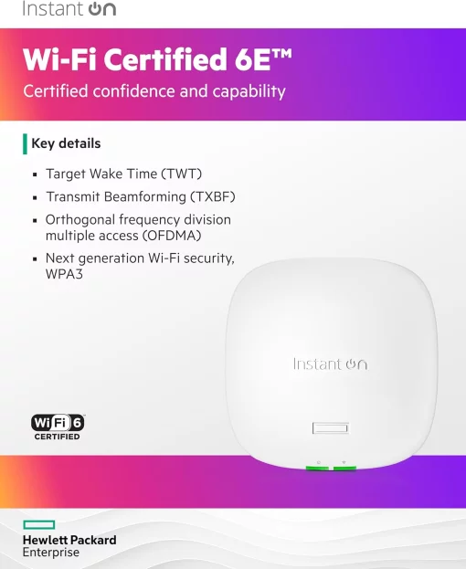 Точка доступу HPE Aruba Instant On AP32, DR2x2, Wi-Fi 6E, 2.5GE uplink port, Indoor