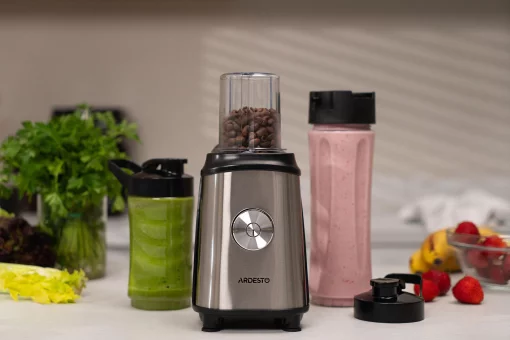 Блендер для смузі Ardesto SBG-F350, 350Вт,2в1, пляшка -600мл, пляшка -300 мл, кавомолка , чорно-сріблястий