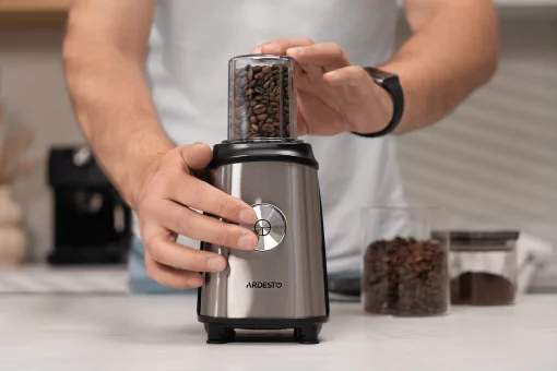 Блендер для смузі Ardesto SBG-F350, 350Вт,2в1, пляшка -600мл, пляшка -300 мл, кавомолка , чорно-сріблястий