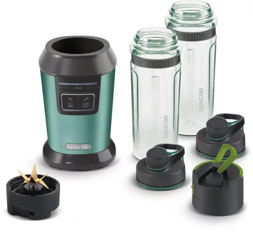 Блендер для смузі Sencor стаціонарний 800Вт, 2 ємності, чаша-600мл, титанові леза, вакуумні кришки, зелений