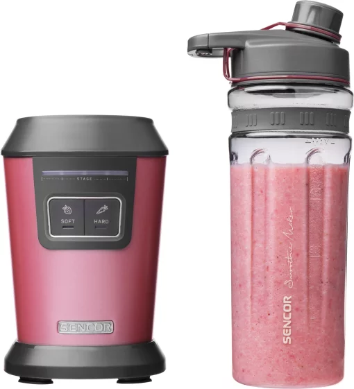 Блендер для смузі Sencor стаціонарний 800Вт, 2 ємності по 600мл, титанові леза, вакуумні кришки, червоний