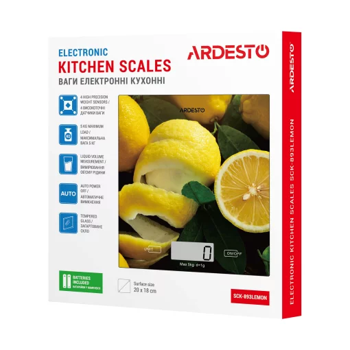 Ваги Ardesto кухонні Lemon, 5кг, AAAx2 в комплекті, скло, багатокольоровий