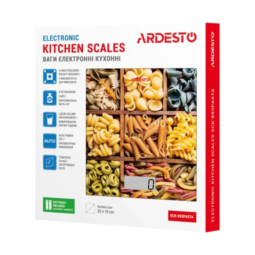 Ваги Ardesto кухонні Pasta, 5кг, AAAx2 в комплекті, скло, багатокольоровий
