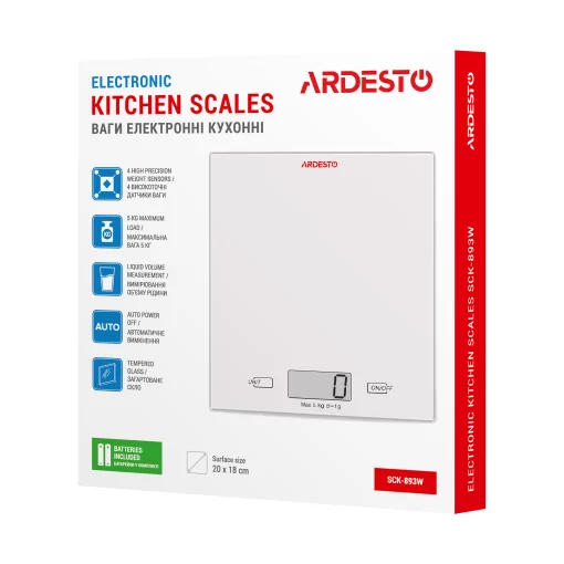 Ваги Ardesto кухонні, 5кг, AAAx2 в комплекті, скло, білий