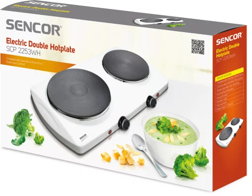 Плитка настільна Sencor електрична, комфорок - 2 на 1.5кВт + 1кВт, 15 і 18 см, керування - мех., білий
