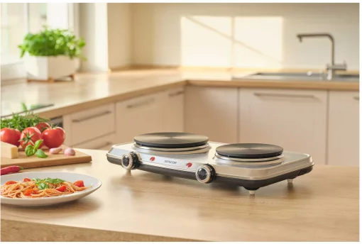 Плитка настільна Sencor електрична, комфорок - 2 на 1.5кВт + 1кВт, 15 і 18 см, керування - мех., нерж. сталь