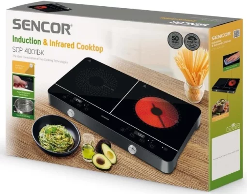 Плитка настільна Sencor індукційна, комфорок - 2 на 1.6 + 1.8кВт, керування - сенсорнено - мех., чорний