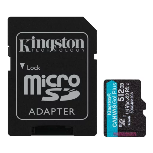 Карта пам'яті Kingston microSD  512GB C10 UHS-I U3 A2 V30 R200/W160MB/s + SD