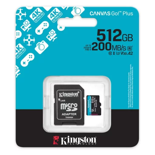 Карта пам'яті Kingston microSD  512GB C10 UHS-I U3 A2 V30 R200/W160MB/s + SD