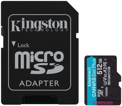 Карта пам'яті Kingston microSD  512GB C10 UHS-I U3 A2 V30 R200/W160MB/s + SD