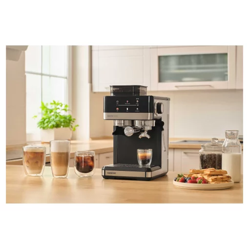 Кавоварка Sencor ріжкова 1.8л, зерно+мелена, вдубована кавомолка, дисплей, нерж. сталь-чорний