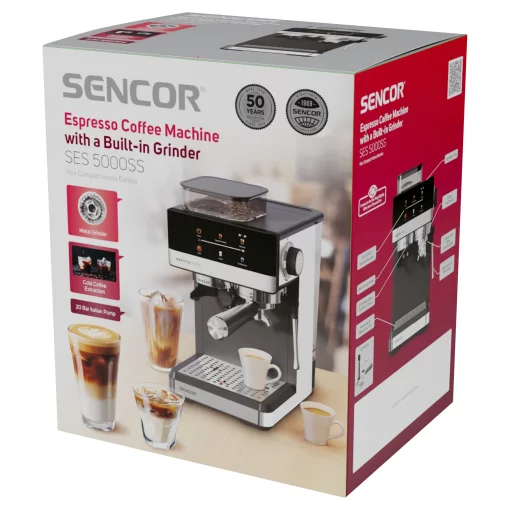 Кавоварка Sencor ріжкова 1.8л, зерно+мелена, вдубована кавомолка, дисплей, нерж. сталь-чорний