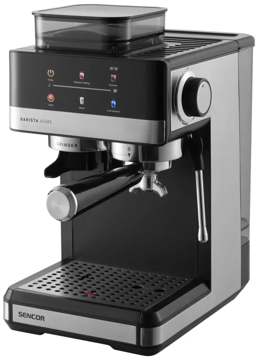 Кавоварка Sencor ріжкова 1.8л, зерно+мелена, вдубована кавомолка, дисплей, нерж. сталь-чорний