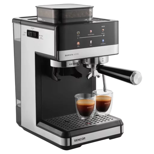 Кавоварка Sencor ріжкова 1.8л, зерно+мелена, вдубована кавомолка, дисплей, нерж. сталь-чорний