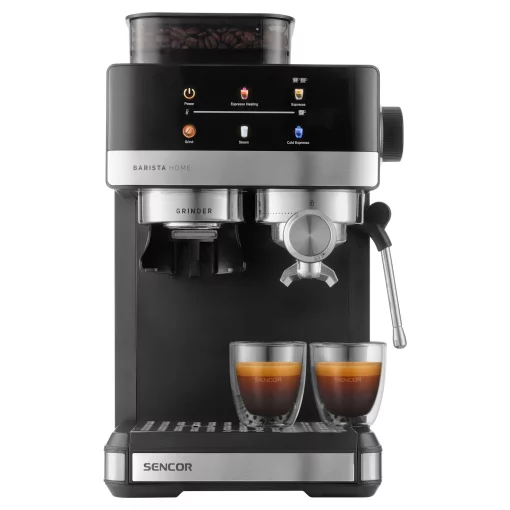 Кавоварка Sencor ріжкова 1.8л, зерно+мелена, вдубована кавомолка, дисплей, нерж. сталь-чорний