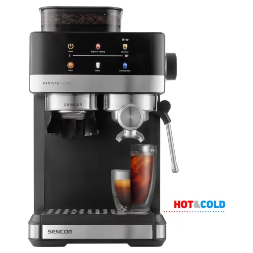 Кавоварка Sencor ріжкова 1.8л, зерно+мелена, вдубована кавомолка, дисплей, нерж. сталь-чорний