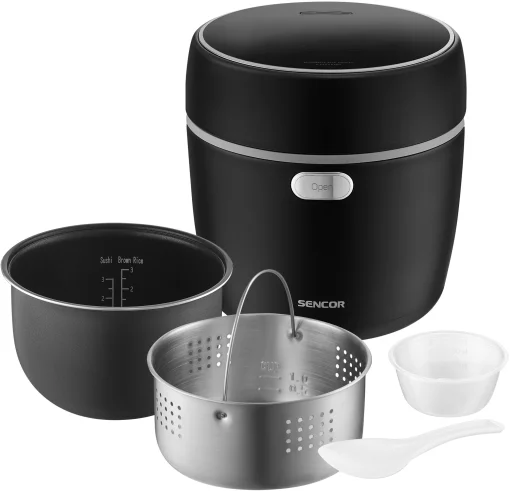 Рисоварка Sencor 350Вт, чаша-0.6л, сенсорне керування, 8 програм, нерж. сталь, пластик, чорний