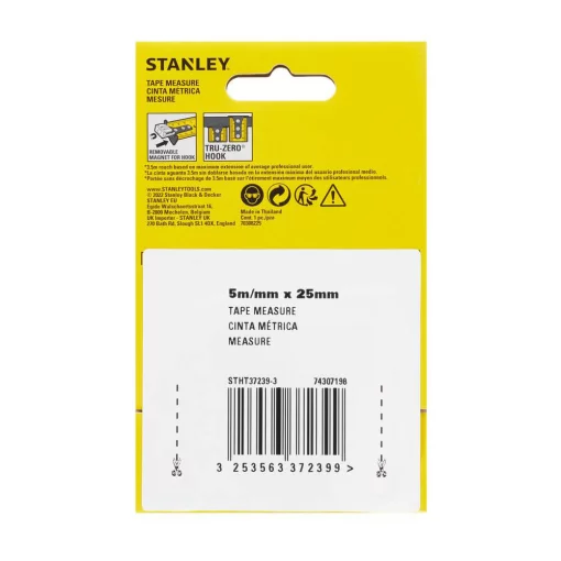 Рулетка вимірювальна CONTROL-LOCK довжиною 5 м, шириною 25 мм, в обгумованому корпусі, з подвійною шкалою STANLEY STHT37239-3