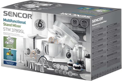 Кухонна машина Sencor 1200Вт, чаша-метал, корпус-пластик, насадок-19, білий