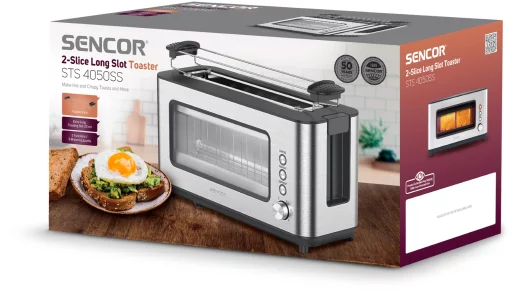 Тостер  Sencor 1200Вт, підігрів, розморожування, з віконцем, нерж. сталь, сіро-чорний