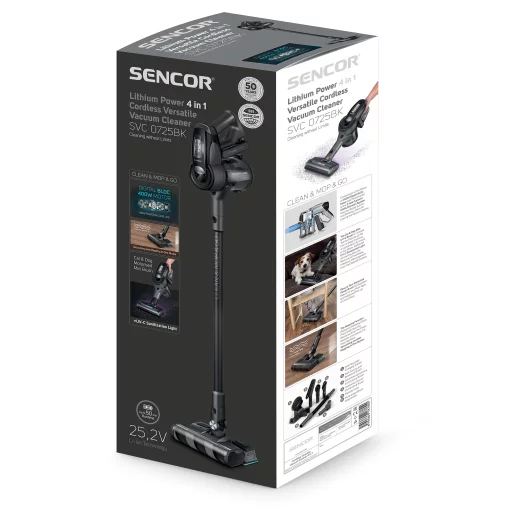 Пилосос Sencor безпровідний, 400Вт, вологе прибирання, конт пил -0.5л, автон. робота до 50хв, вага-3кг, НЕРА, чорний