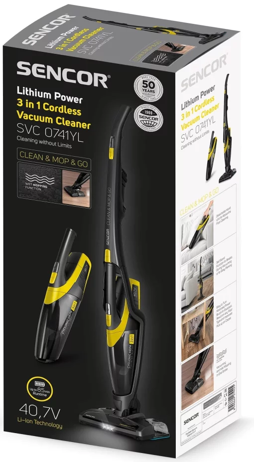 Пилосос Sencor безпровідний, вологе прибирання, конт пил -0.5л, автон. робота до 85хв, НЕРА, чорно-жовтий