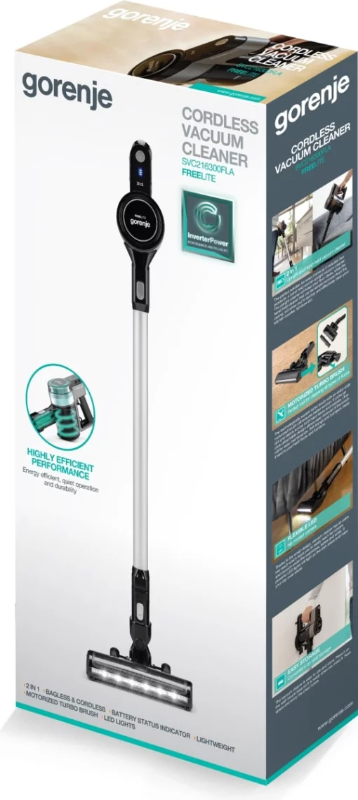 Пилосос Gorenje безпровідний, 132Вт, конт пил -0,5л, автон. робота до 25хв, вага-2,6кг, 2насадки, чорний