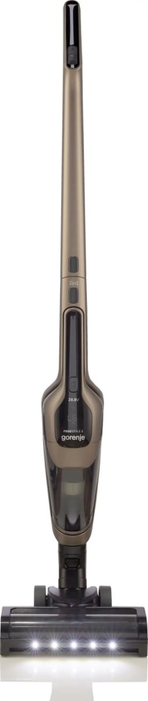 Пилосос Gorenje бездротовий, 176Вт, конт пил -0.6л, автон. робота до 70хв, HEPA, 2 в 1, підсвічування, індикатор, щітка- електротурбо, бронзи