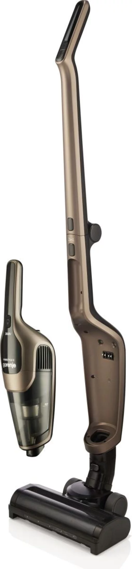 Пилосос Gorenje бездротовий, 176Вт, конт пил -0.6л, автон. робота до 70хв, HEPA, 2 в 1, підсвічування, індикатор, щітка- електротурбо, бронзи