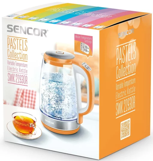 Електрочайник Sencor 2л, Strix, скло, 5 темп.реж, помаранчевий
